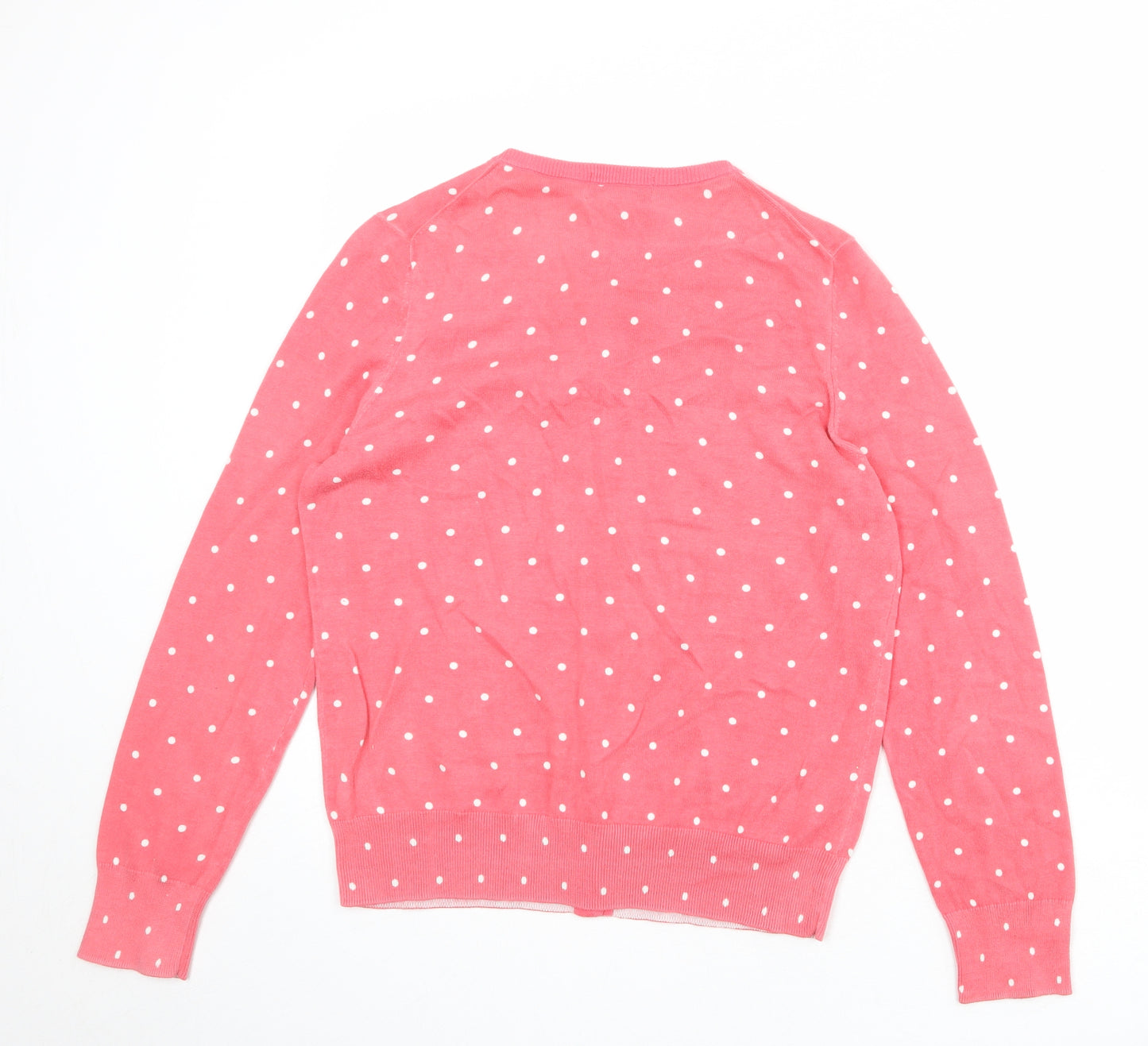 Lands' End Womens Pink Round Neck Polka Dot 100% Cotton Cardigan Jumper Size M