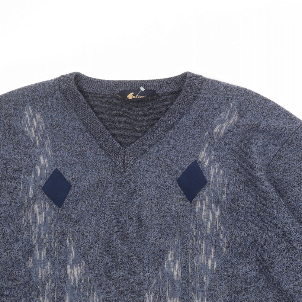 Gabicci Mens Blue V-Neck Geometric Wool Pullover Jumper Size L Long Sleeve