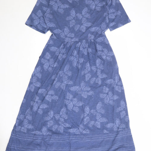 White Stuff Womens Blue Geometric Cotton T-Shirt Dress Size 10 V-Neck Button - Leaf pattern
