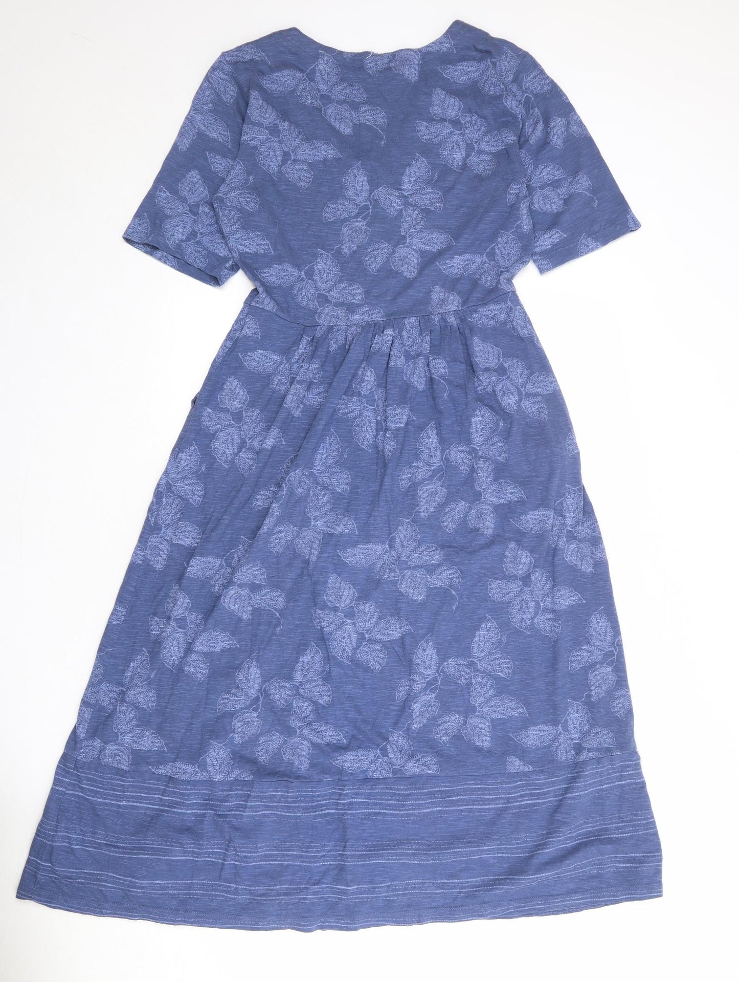 White Stuff Womens Blue Geometric Cotton T-Shirt Dress Size 10 V-Neck Button - Leaf pattern