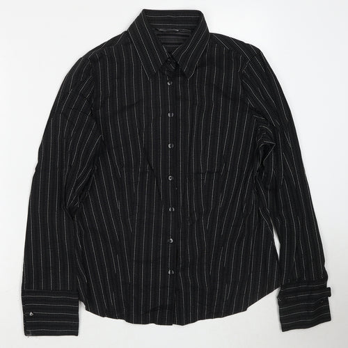 Marks and Spencer Womens Black Striped Cotton Basic Button-Up Size 16 Collared