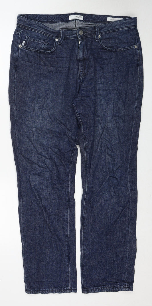 Selected Homme Mens Blue Cotton Straight Jeans Size 34 in L32 in Regular Zip