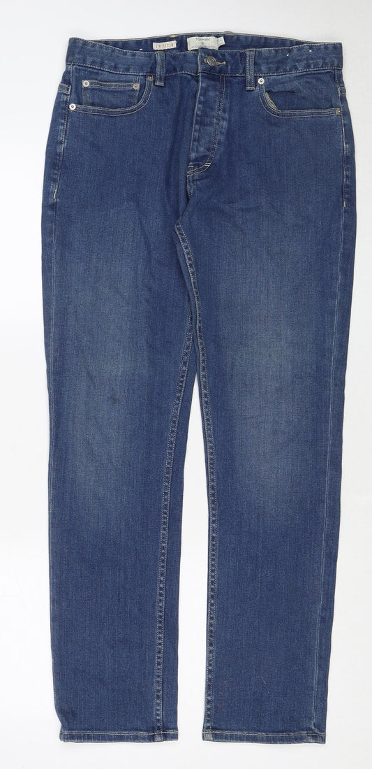 Topshop Mens Blue Cotton Straight Jeans Size 32 in Regular Zip