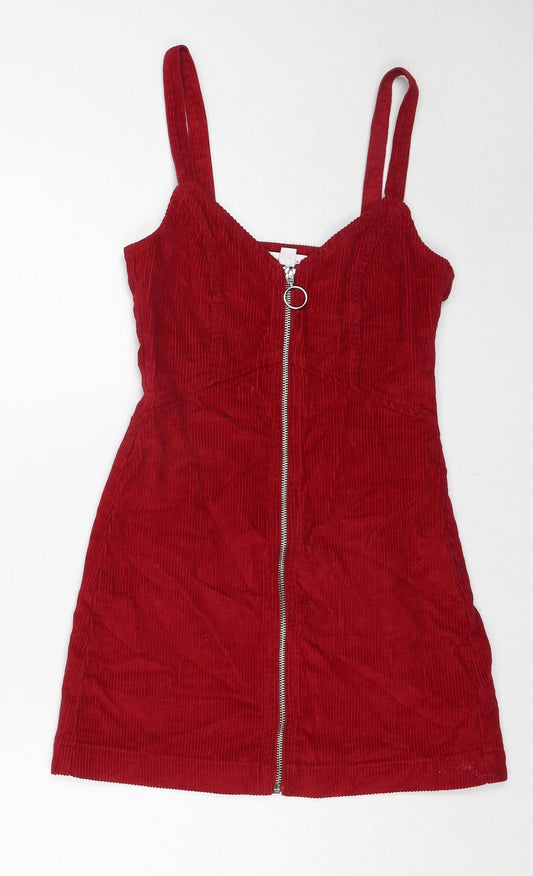 Topshop Womens Red Cotton Pinafore/Dungaree Dress Size 4 V-Neck Zip
