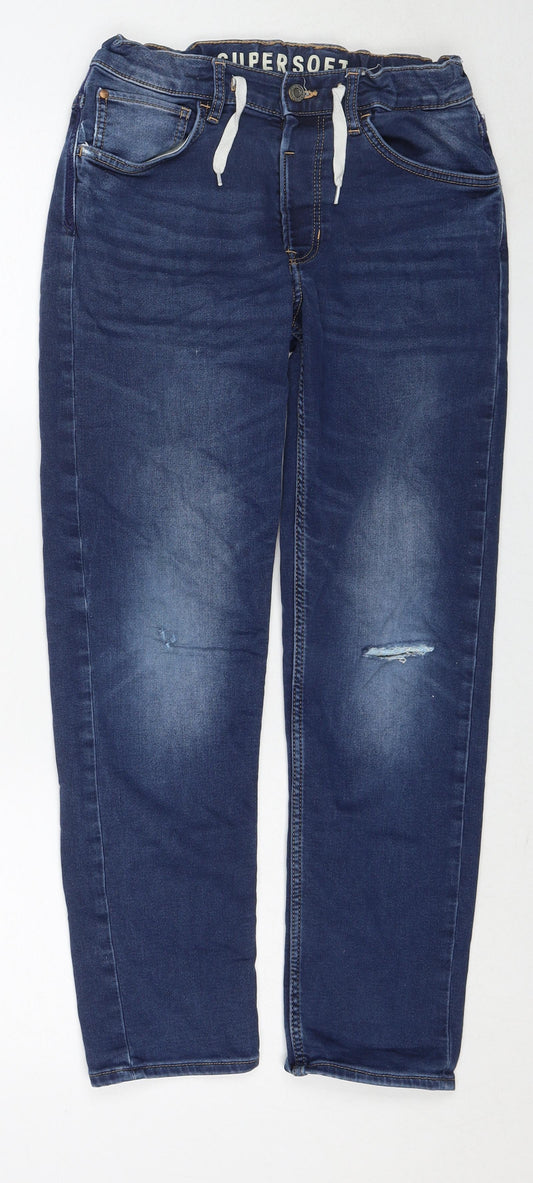 H&M Boys Blue Cotton Straight Jeans Size 12-13 Years Regular Zip - Distressed