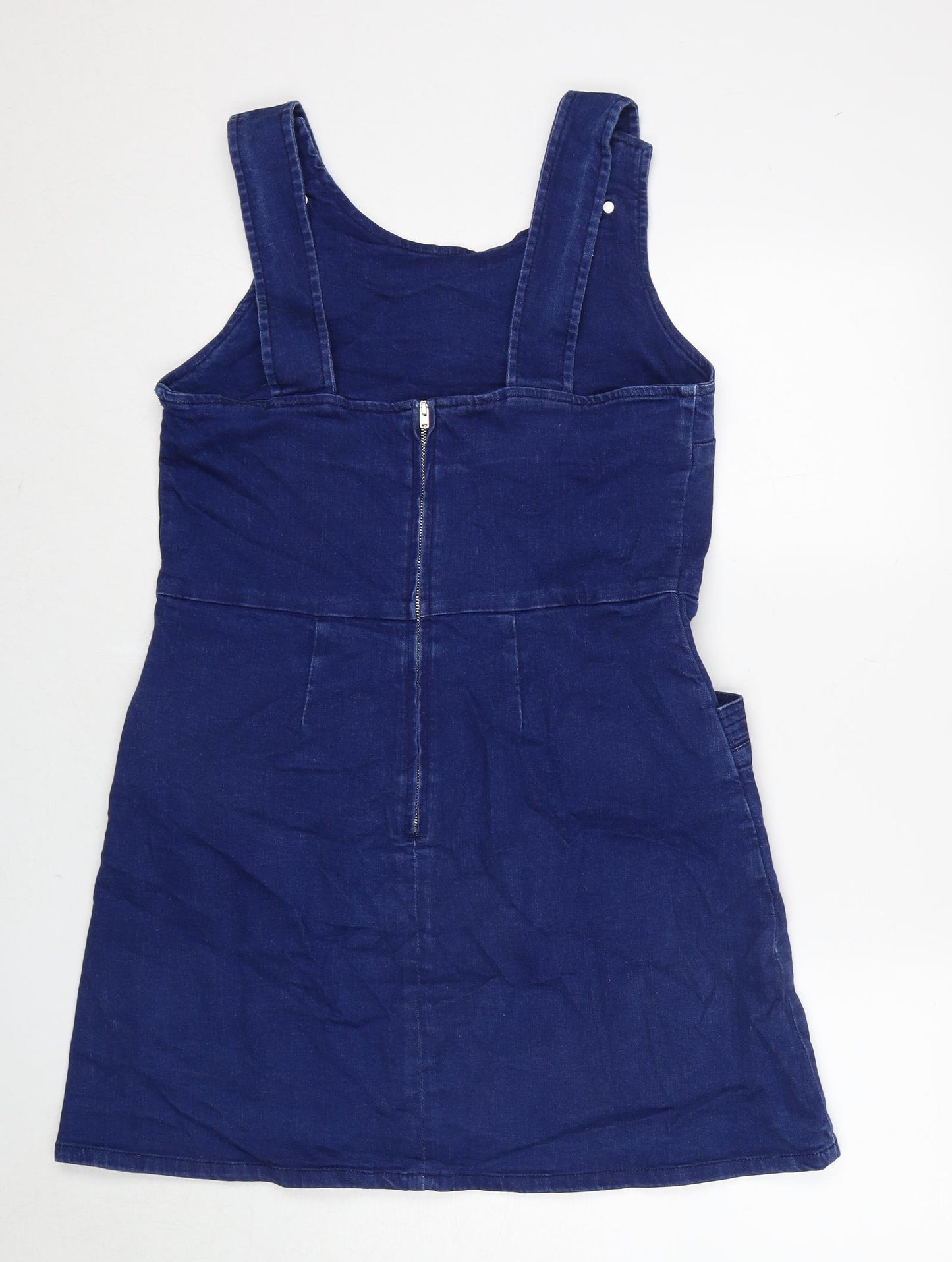 Oasis Womens Blue Cotton Pinafore/Dungaree Dress Size 14 Round Neck Button