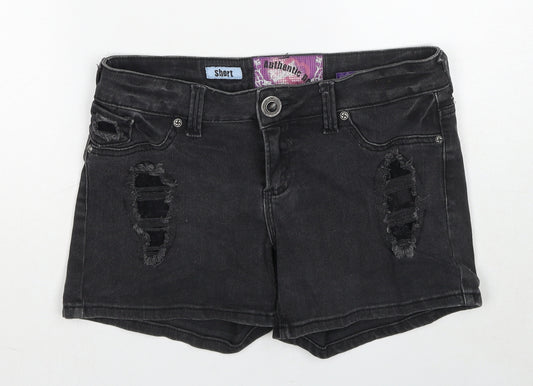 Authentic Womens Black Cotton Hot Pants Shorts Size 12 Regular Zip - Distressed