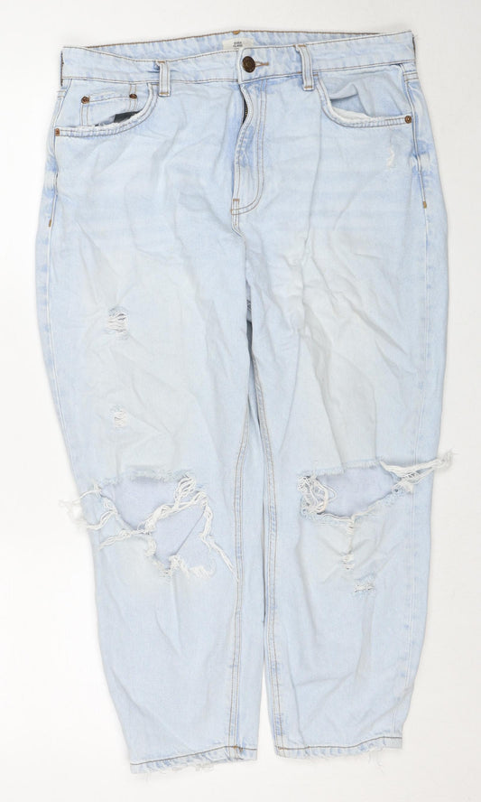 River Island Womens Blue Cotton Mom Jeans Size 14 Regular Zip - Open Knee