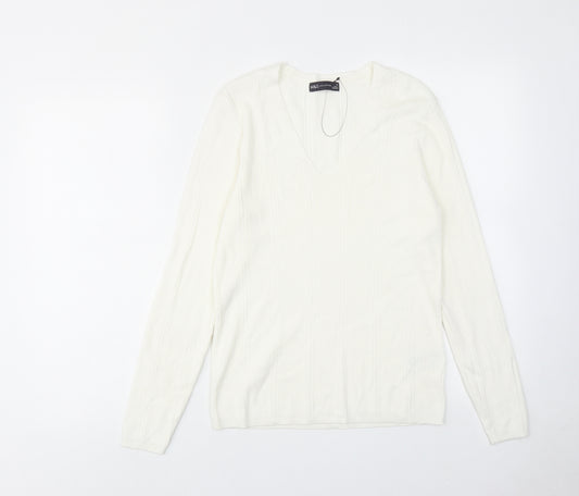 Marks and Spencer Womens White V-Neck Viscose Pullover Jumper Size 14