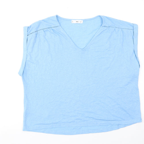 Mango Womens Blue Polyester Basic T-Shirt Size L V-Neck