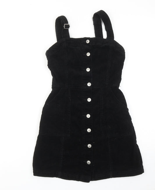 H&M Womens Black Polyester Pinafore/Dungaree Dress Size 4 Square Neck Button