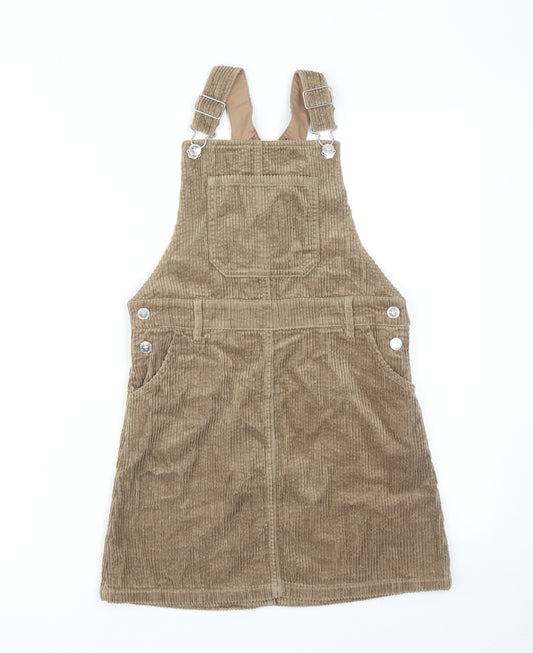 Marks and Spencer Girls Brown Cotton Pinafore/Dungaree Dress Size 8-9 Years Square Neck Button