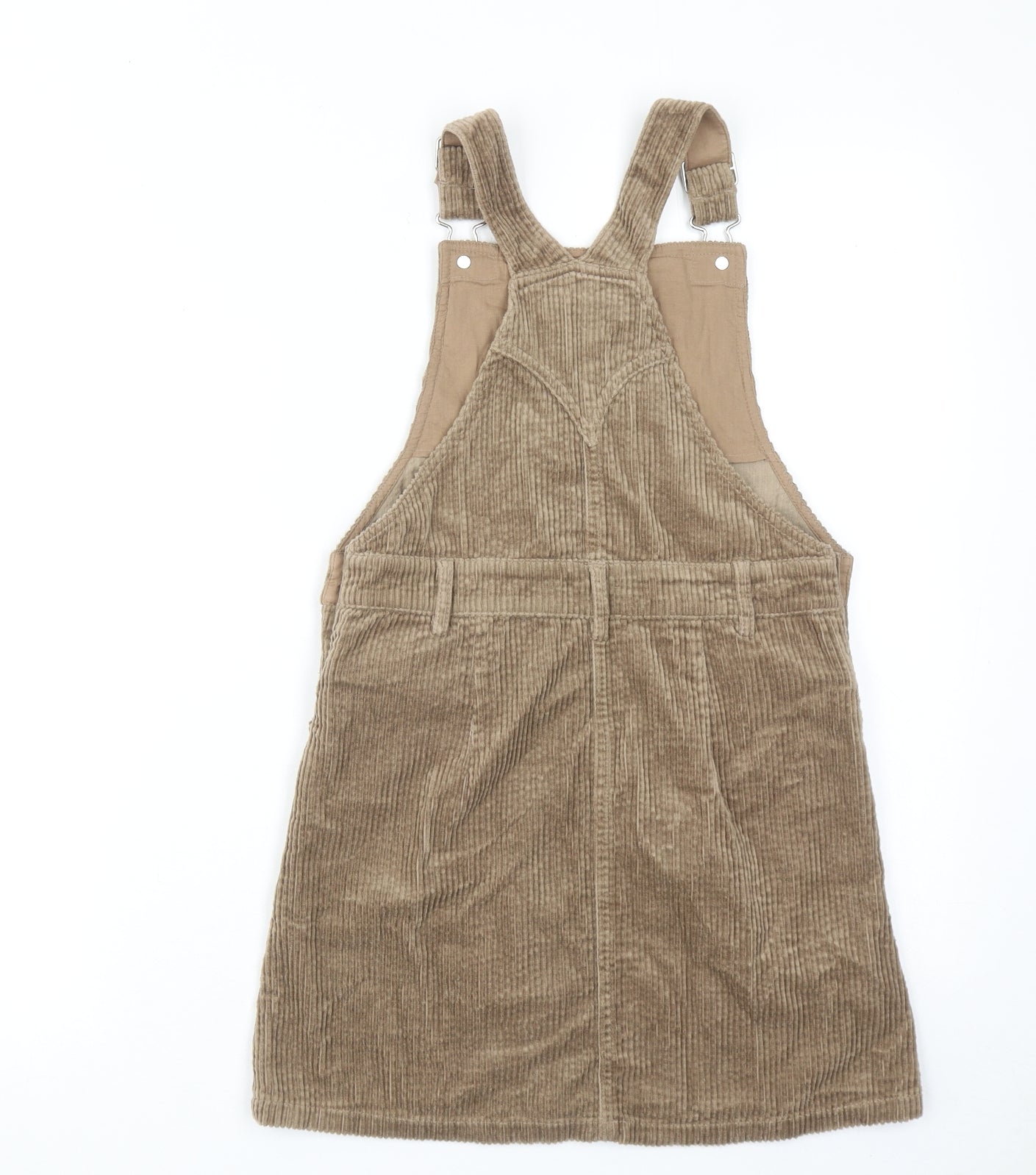 Marks and Spencer Girls Brown Cotton Pinafore/Dungaree Dress Size 8-9 Years Square Neck Button