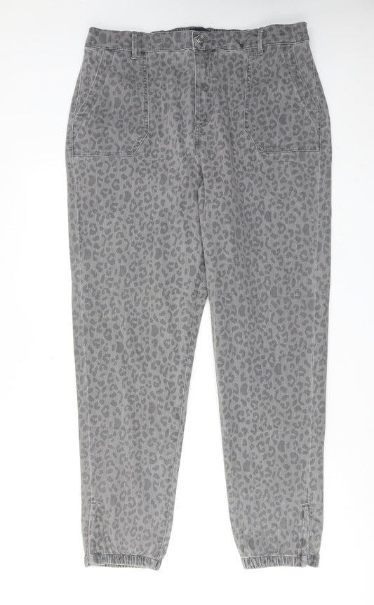 Marks and Spencer Womens Grey Animal Print Cotton Trousers Size 18 Regular Zip