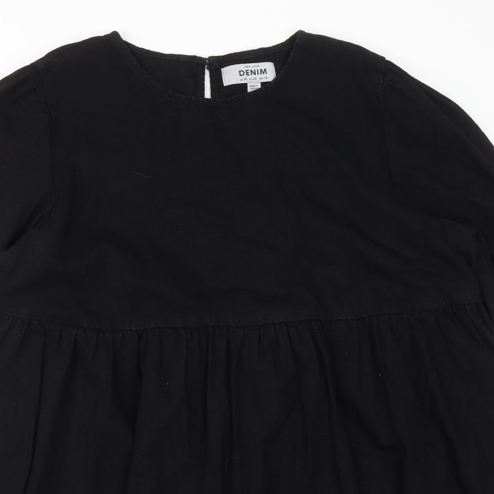 New Look Womens Black Cotton Skater Dress Size 18 Round Neck Button