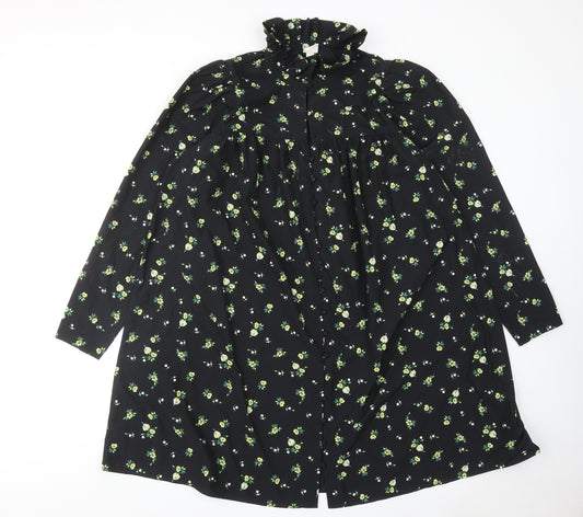 H&M Womens Black Floral Polyester Shirt Dress Size L High Neck Button