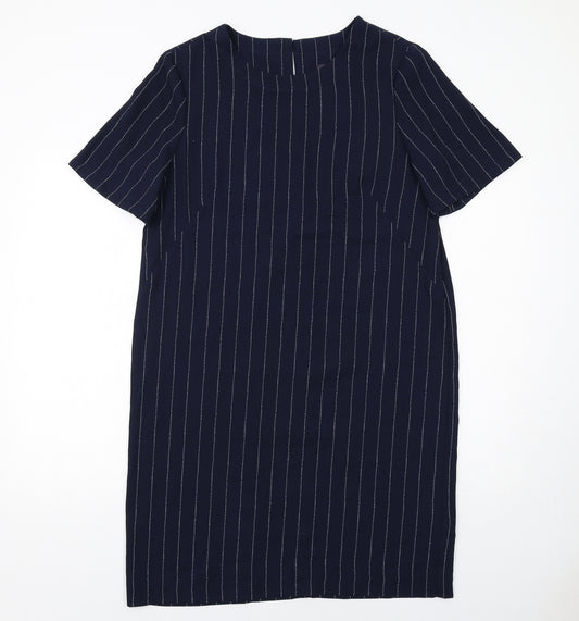 Marks and Spencer Womens Blue Striped Polyester Shift Size 12 Boat Neck Button