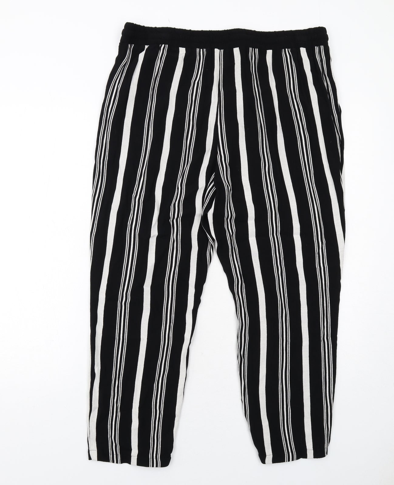 Marks and Spencer Womens Black Striped Viscose Trousers Size 16 Regular Drawstring