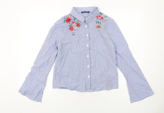 Marks and Spencer Womens Blue Striped Cotton Basic Button-Up Size 8 Collared - Flower Detail