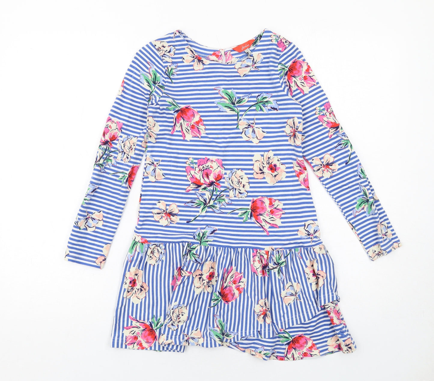 Joules Girls Blue Striped Cotton A-Line Size 9-10 Years Round Neck Button - Roses