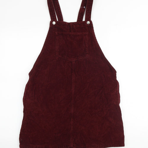 Topshop Womens Red Acetate Pinafore/Dungaree Dress Size 12 Square Neck Buckle