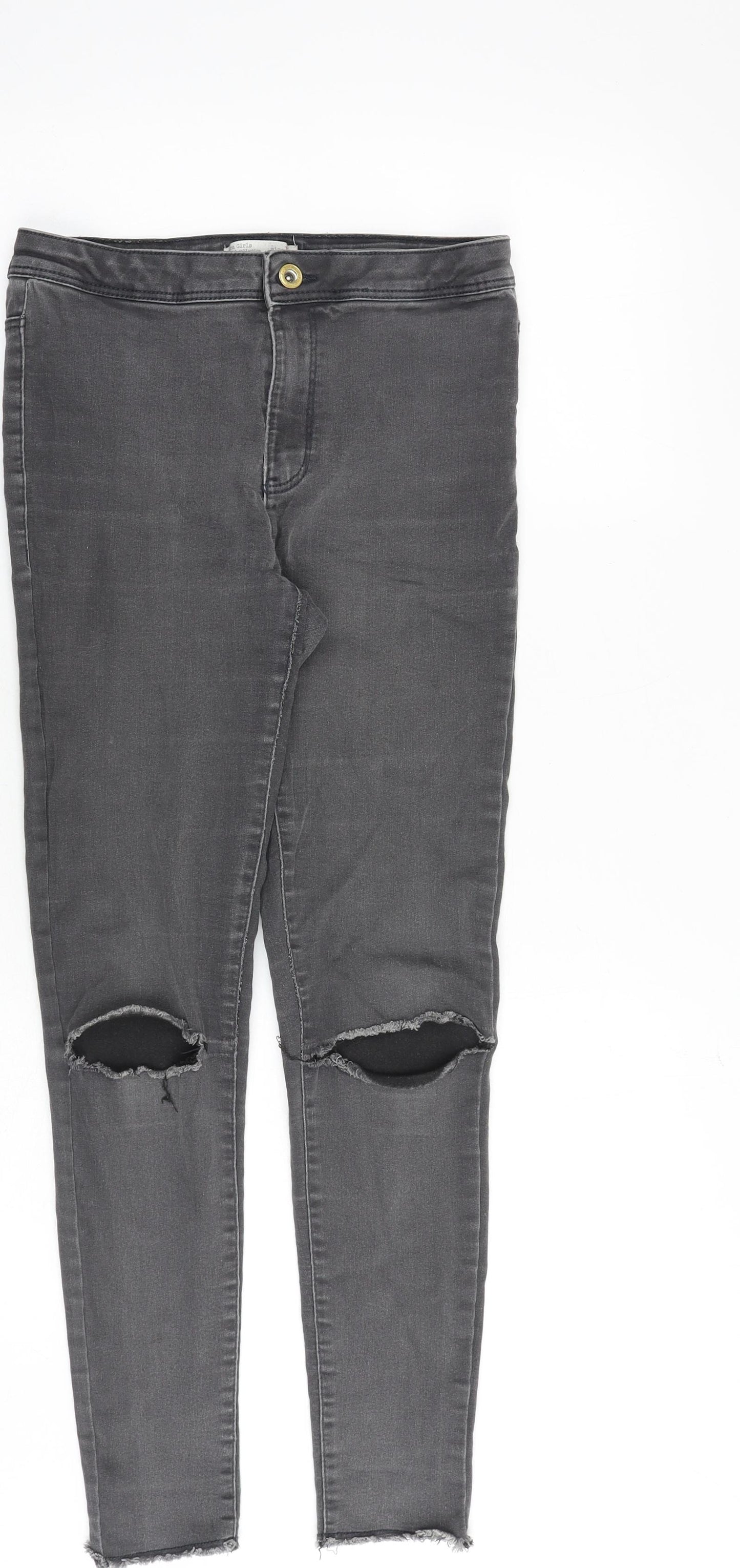 Zara Girls Grey Cotton Skinny Jeans Size 13-14 Years Regular Zip - Distressed
