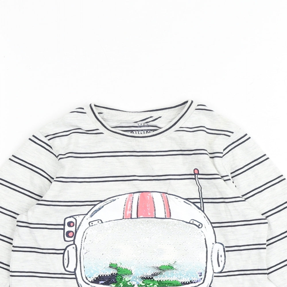 Marks and Spencer Girls Grey Striped Cotton Basic T-Shirt Size 3-4 Years Round Neck Pullover - Spaceship Helmet