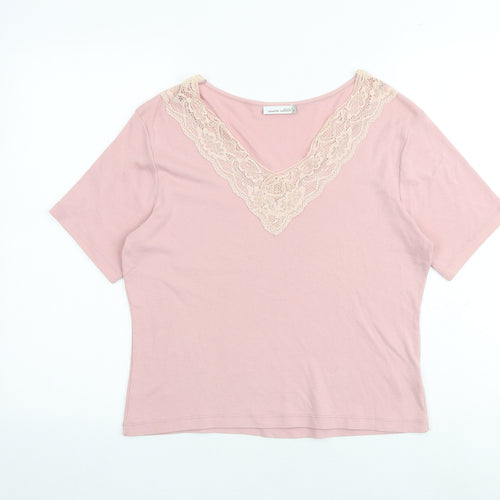 Country Casuals Womens Pink Cotton Basic T-Shirt Size L V-Neck - Lace Details