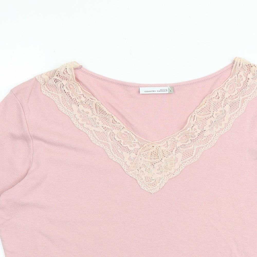 Country Casuals Womens Pink Cotton Basic T-Shirt Size L V-Neck - Lace Details