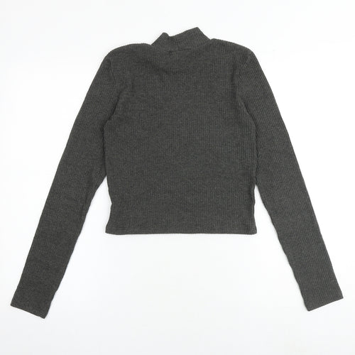 Pull&Bear Womens Grey Polyester Basic T-Shirt Size S Mock Neck