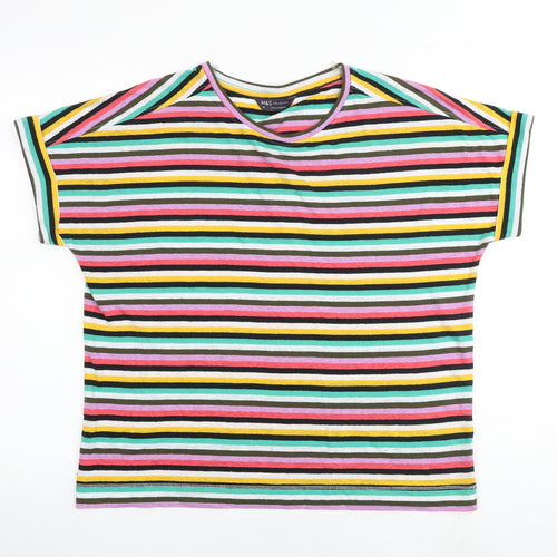 Marks and Spencer Womens Multicoloured Striped Flax Basic T-Shirt Size 14 Round Neck