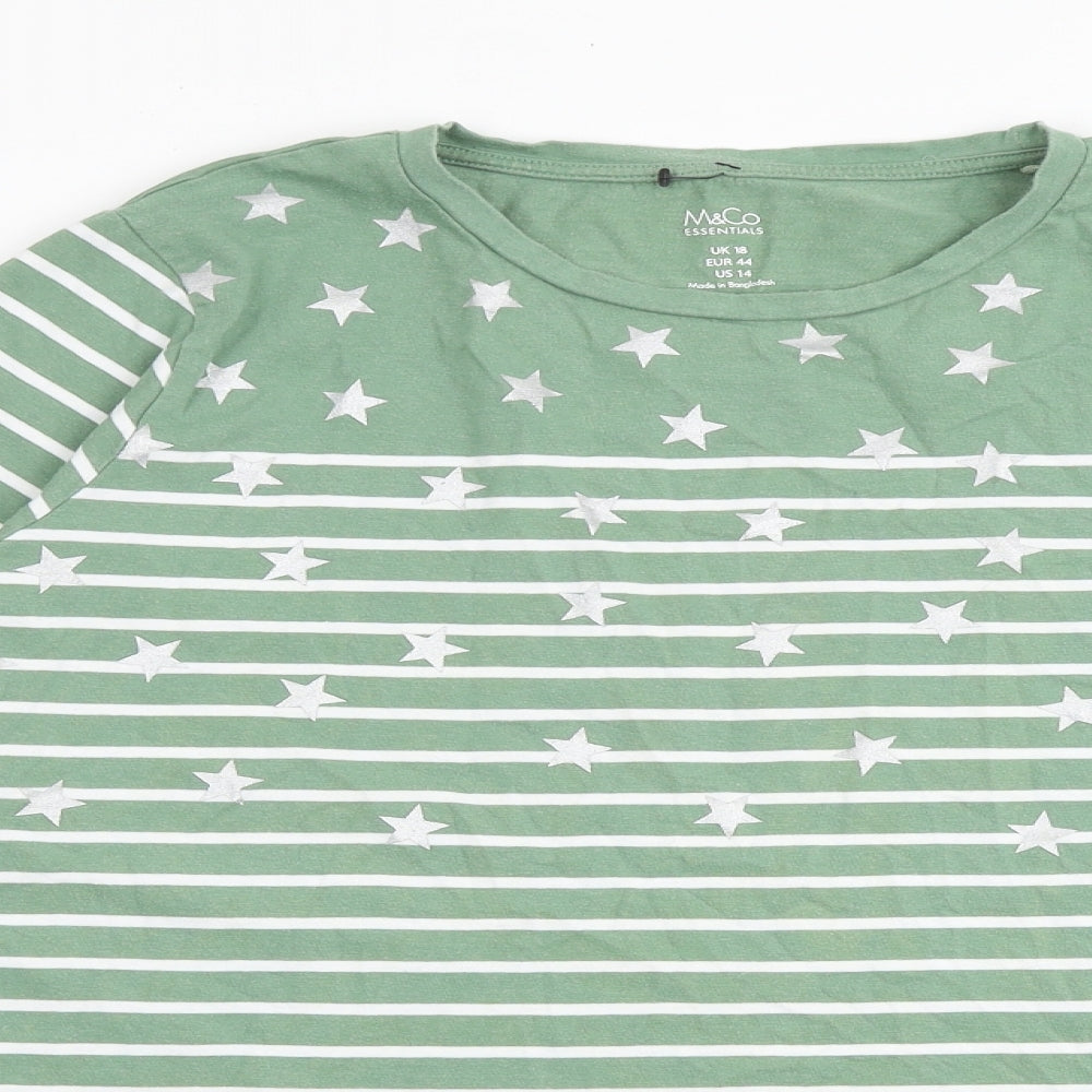 M&Co Womens Green Striped 100% Cotton Basic Blouse Size 18 Round Neck - Star Print