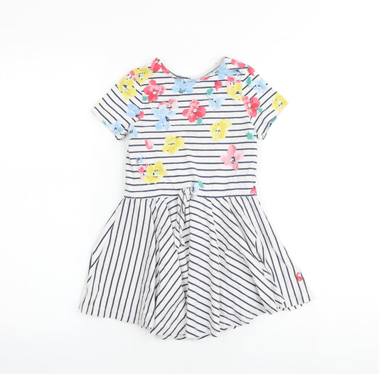 Joules Girls Multicoloured Striped 100% Cotton T-Shirt Dress Size 4 Years Boat Neck Button - Floral