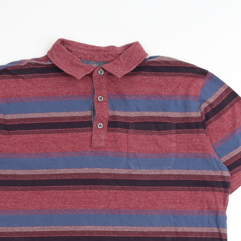 Marks and Spencer Mens Multicoloured Striped 100% Cotton Polo Size L Collared Button