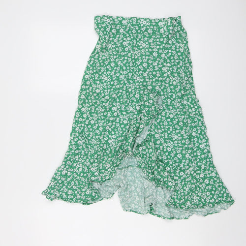 Bershka Womens Green Floral Viscose Peasant Skirt Size S Zip