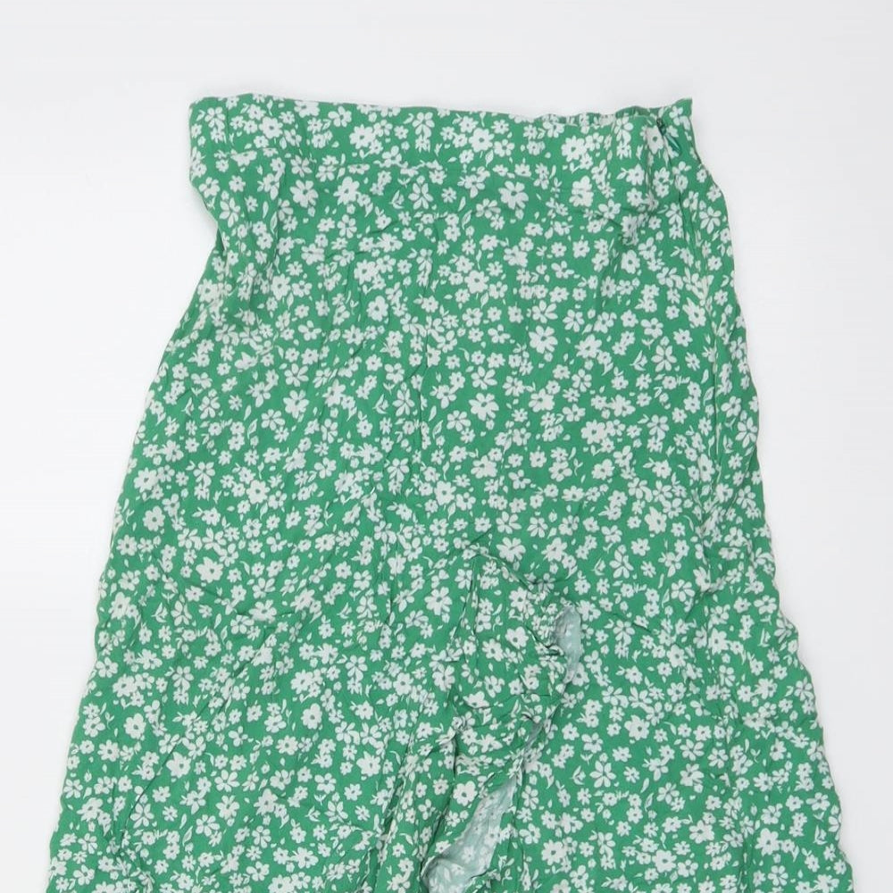 Bershka Womens Green Floral Viscose Peasant Skirt Size S Zip