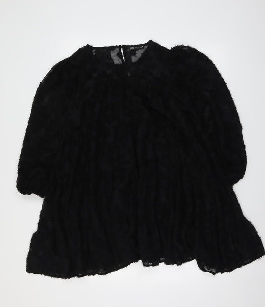 Zara Womens Black Polyester A-Line Size S Round Neck Button