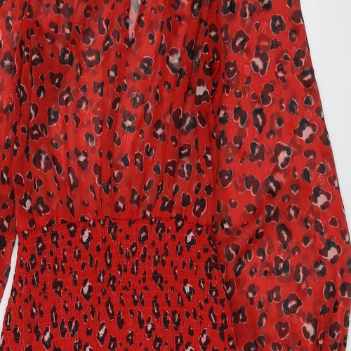River Island Womens Red Animal Print Polyester A-Line Size 10 Mock Neck Button - Leopard Print