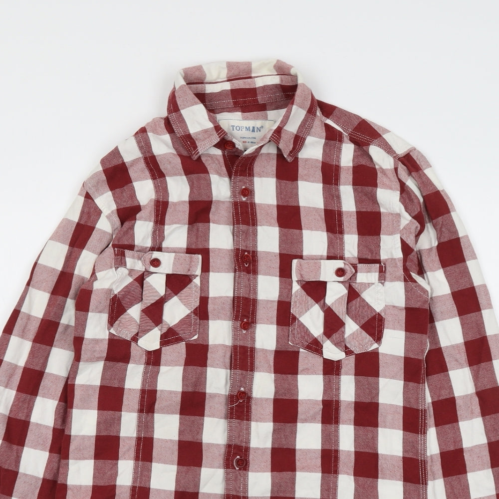 Topman Mens Red Check Cotton Button-Up Size S Collared Button