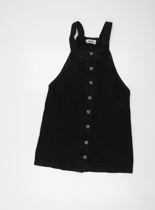 New Look Womens Black Cotton Pinafore/Dungaree Dress Size 10 Square Neck Button