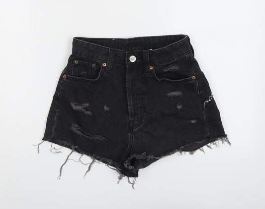 H&M Womens Black Cotton Hot Pants Shorts Size 4 L3 in Regular Button - Distressed
