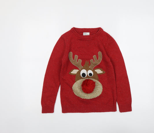 NEXT Boys Red Round Neck Acrylic Pullover Jumper Size 8 Years Pullover - Christmas Reindeer