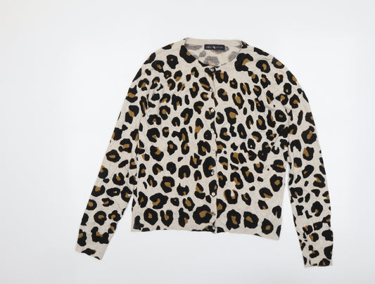 Marks and Spencer Womens Beige Round Neck Animal Print Viscose Cardigan Jumper Size 14 - Leopard pattern