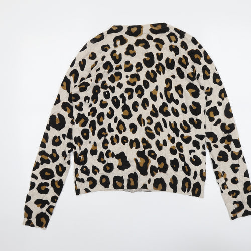 Marks and Spencer Womens Beige Round Neck Animal Print Viscose Cardigan Jumper Size 14 - Leopard pattern