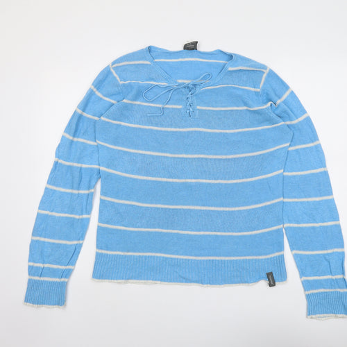 Howies Womens Blue V-Neck Striped Hemp Pullover Jumper Size 16