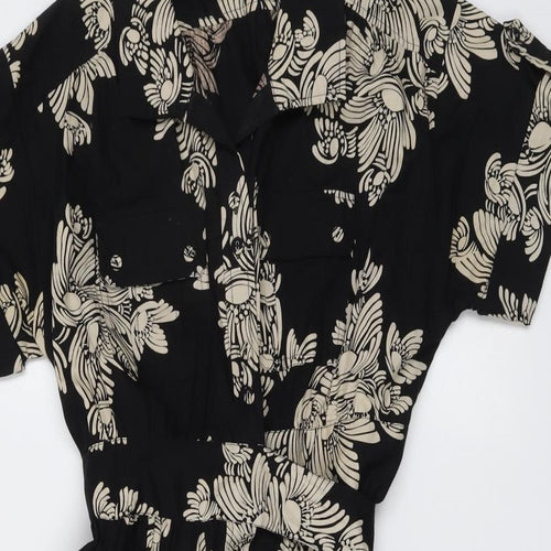 French Connection Womens Black Floral Cotton Shirt Dress Size 12 Collared Button