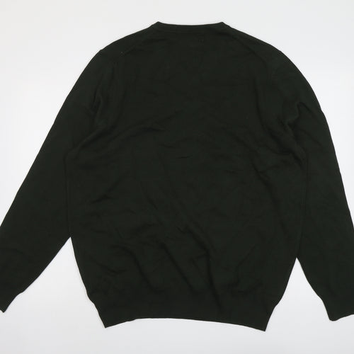 Marks and Spencer Mens Green V-Neck Cotton Pullover Jumper Size XL Long Sleeve