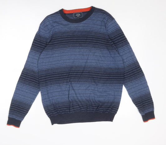 John Lewis Mens Blue Round Neck Striped Cotton Pullover Jumper Size S Long Sleeve