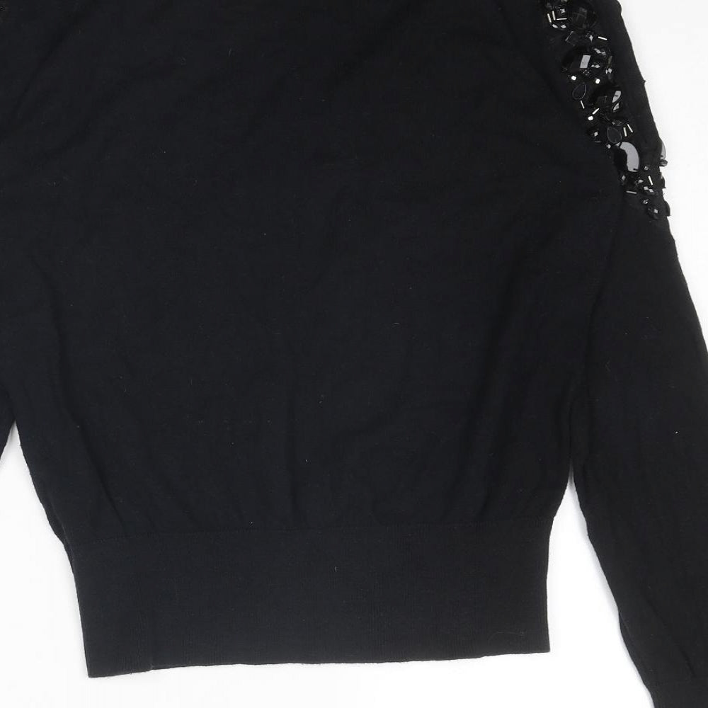 Oasis Womens Black Boat Neck Cotton Pullover Jumper Size M - Cold Shoulder Detail