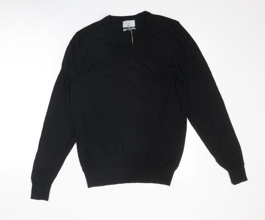 Marks and Spencer Mens Black V-Neck Cotton Pullover Jumper Size M Long Sleeve